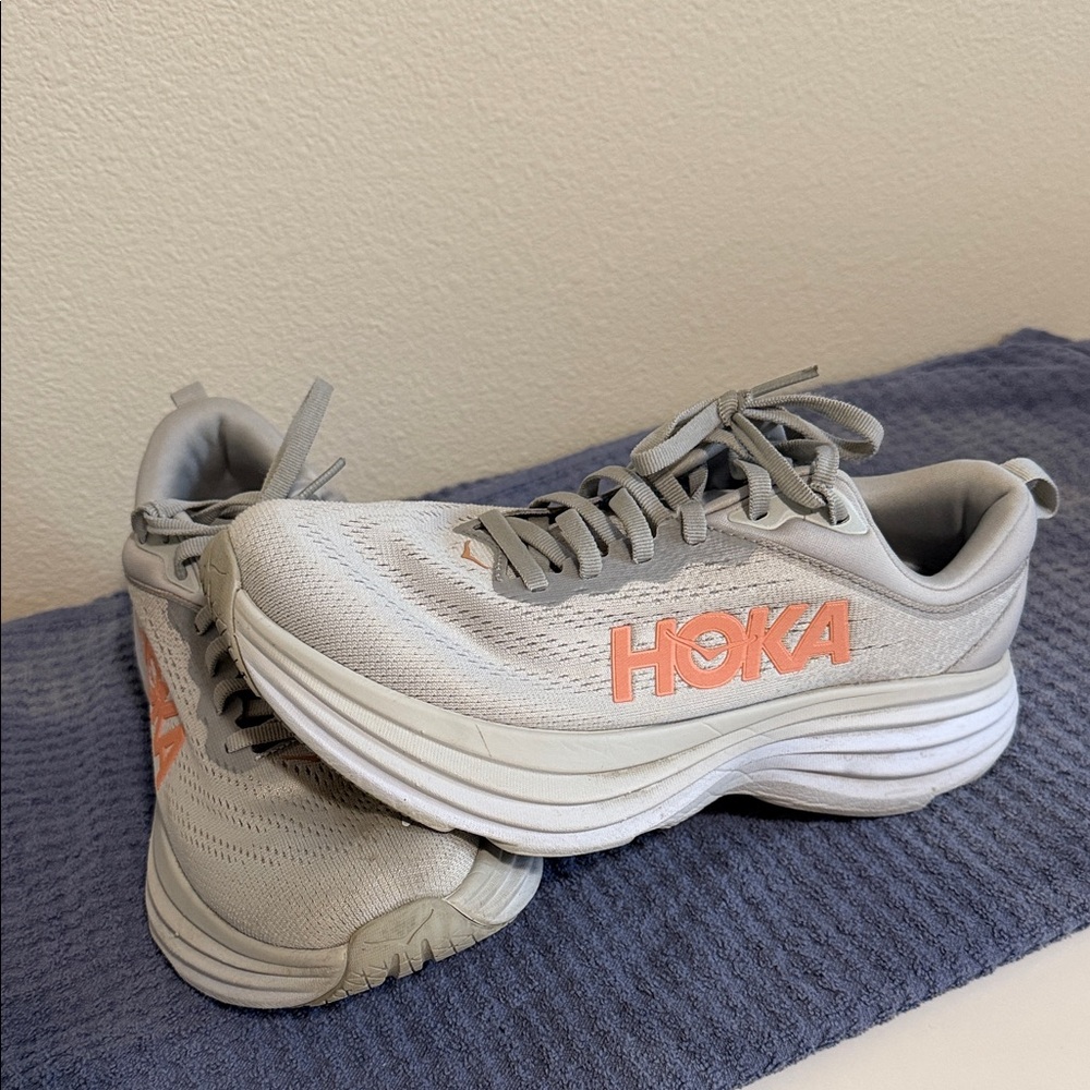 Hoka Bondi 8 , Light Gray Sneakers with Coral Logo Accent